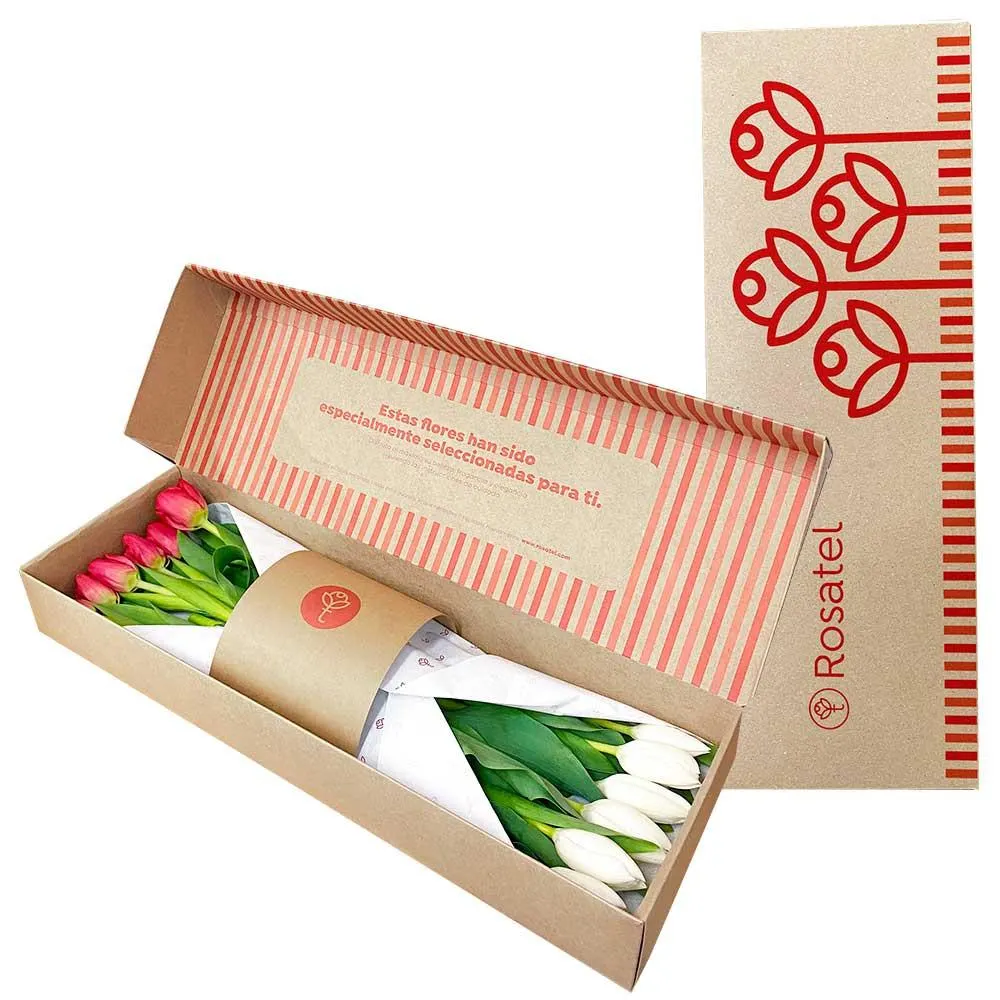 Caja Natural Rosatel Nueva Edición con 12 Tulipanes Bicolor