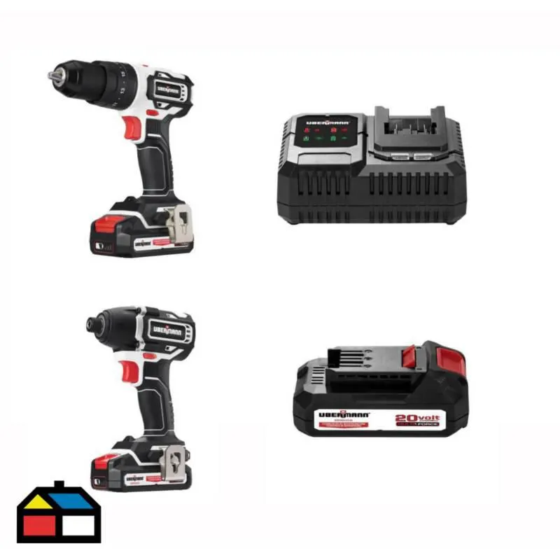 Taladro Percutor Inalámbrico 1/2" 20V + Atornillador de Impacto Inalámbrico 1/4" 20V + 2 Baterías + Maletín Ubermann