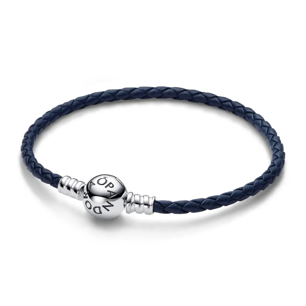 Brazalete de cuero trenzado azul con broche redondo Pandora Moments Pandora Plata Esterlina