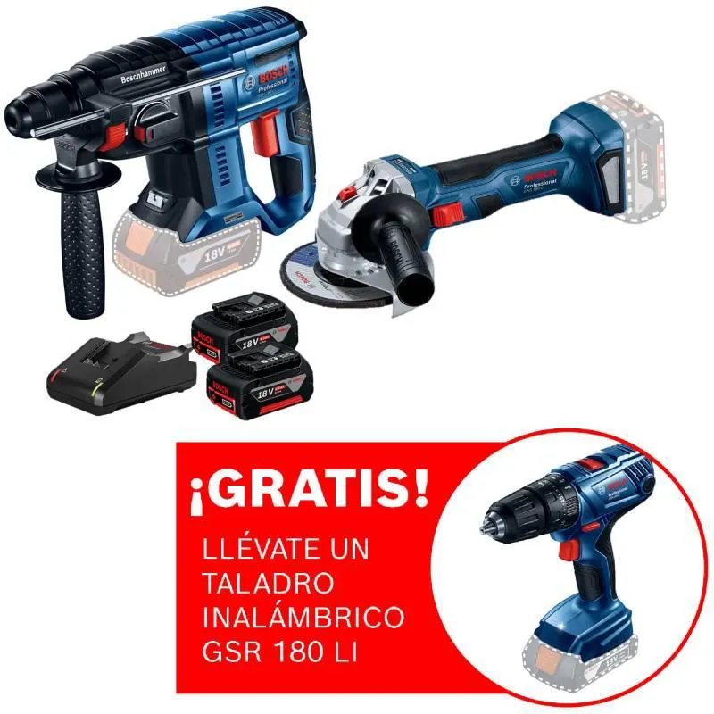 Amoladora inalámbrica 18V Bosch GWS 180-LI + Rotomartillo inalámbrico 18V Bosch GBH 180-LI Brushless + 2 baterías + Regalo: Taladro Atornillador Inalámbrico 18V Bosch GSR 180-LI