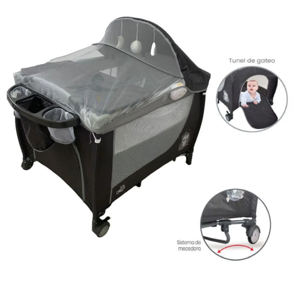 Cuna Corral Con Mecedora y Sistema Musical Para Bebe Circus Gris