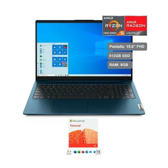 Laptop Lenovo IdeaPad 5 de 15.6", modelo 82LN00AKLM, procesador AMD Ryzen 5 5500U, 8GB RAM, disco sólido de 512GB, cámara web 720HD, entrada HDMI y tipo C, Wifi, Bluetooth 5.0, carga rápida, Windows 11, incluye Microsoft 365 personal.