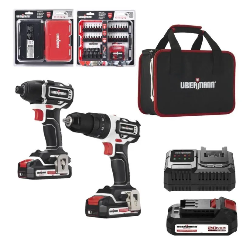 Taladro Percutor Inalámbrico 1/2" 20V + Atornillador de Impacto Inalámbrico 1/4" 20V + 2 Baterías + Maletín Ubermann + Set Accesorios Herramientas 47PC