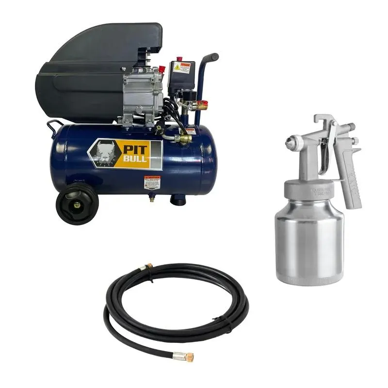 Compresora De Aire Semi Profesional Pitbull 2HP 24 Lt + Pistola Baja Presión Arpex + Manguera de Aire 1/4" 5m Lago