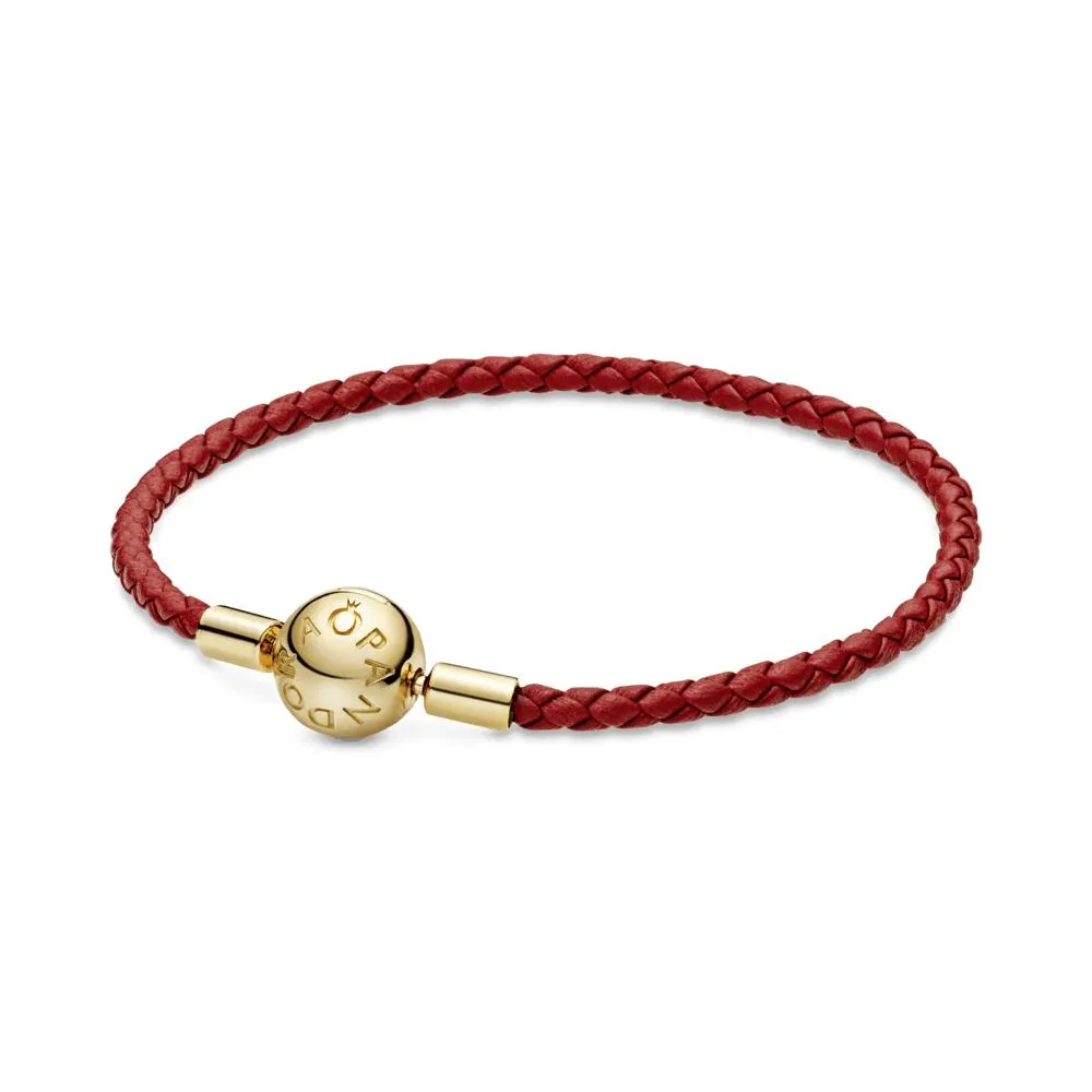 Brazalete De Piel Trenzada Roja Moments De Pandora Recubrimiento en Oro de 14k
