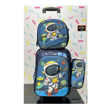 Set Mochila Lonchera Cartuchera Luces Ruedas Eva 3D Astronauta