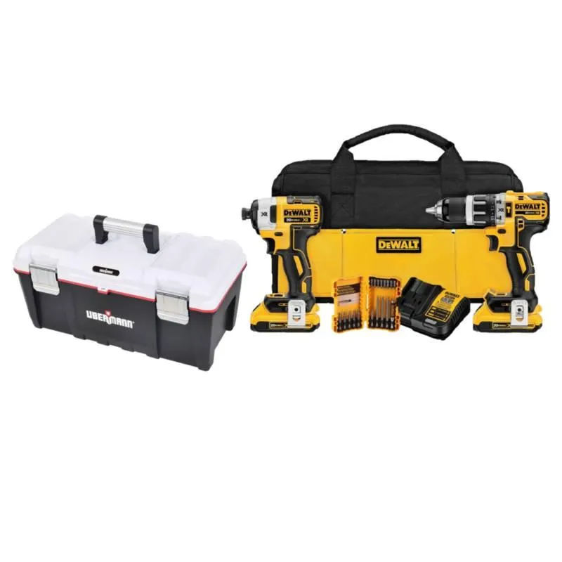 Caja de Herramientas Ubermann + Taladro Percutor Inalámbrico 1/2" 20V + Atornillador de Impacto Inalámbrico 1/4" 20V + 2 Baterías 2.0Ah + Cargador 12/20V + Set de 18 Piezas + Bolso DCK287D2 Dewalt