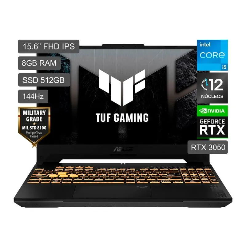 Gamer Asus Intel Core i5 de 12 núcleos RTX3050 8GB 512GB SSD TUF Gaming F15 12°Gen 15.6" FHD
