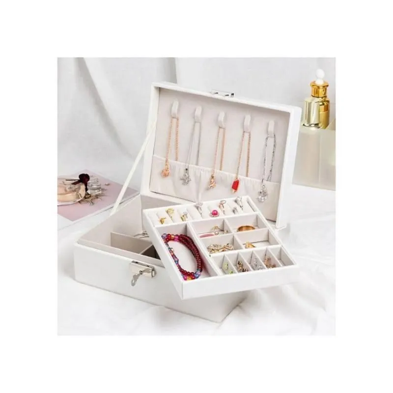 Joyero Cofre Portátil de Cuero Caja Organizadora de Joyas 2 Pisos en 1