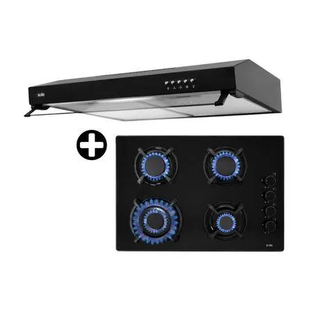 COMBO Sole: Cocina Encimera Vidrio Templado SOLCO047V3 Negro a Gas 65cm + Campana Extractora Nyx 60cm Acero Inoxidable Negro