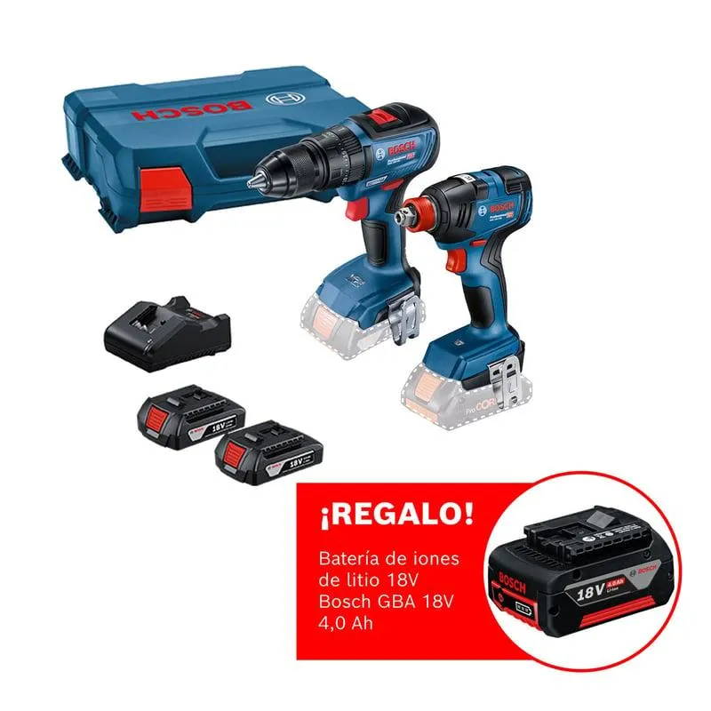 Taladro percutor Bosch GSB 18V-50 + Llave de impacto Bosch GDX 18V-200 + 2 baterías GBA 18V 2,0 Ah + 1 cargador GAL 18V-20 + 1 maletín plástico + ¡REGALO! Batería de iones de litio 18V Bosch GBA 18V 4,0 Ah