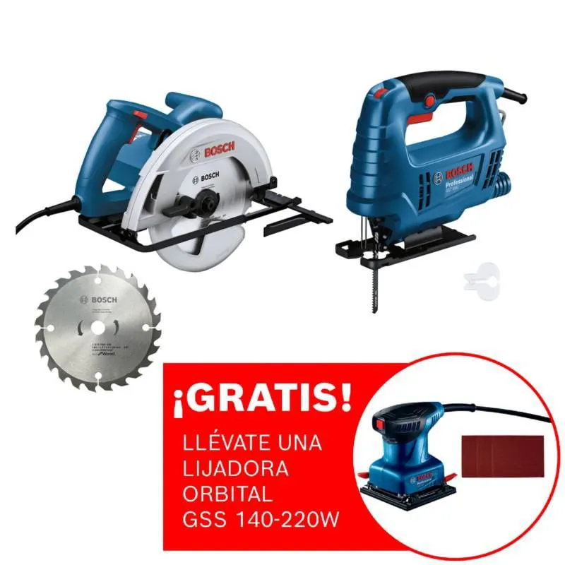 Sierra circular Bosch GKS 130 + 1 disco de corte 24 dientes + Sierra caladora Bosch GST 680-500W + 1 hoja de corte + Lijadora orbital Bosch GSS 140-220W + 3 lijas