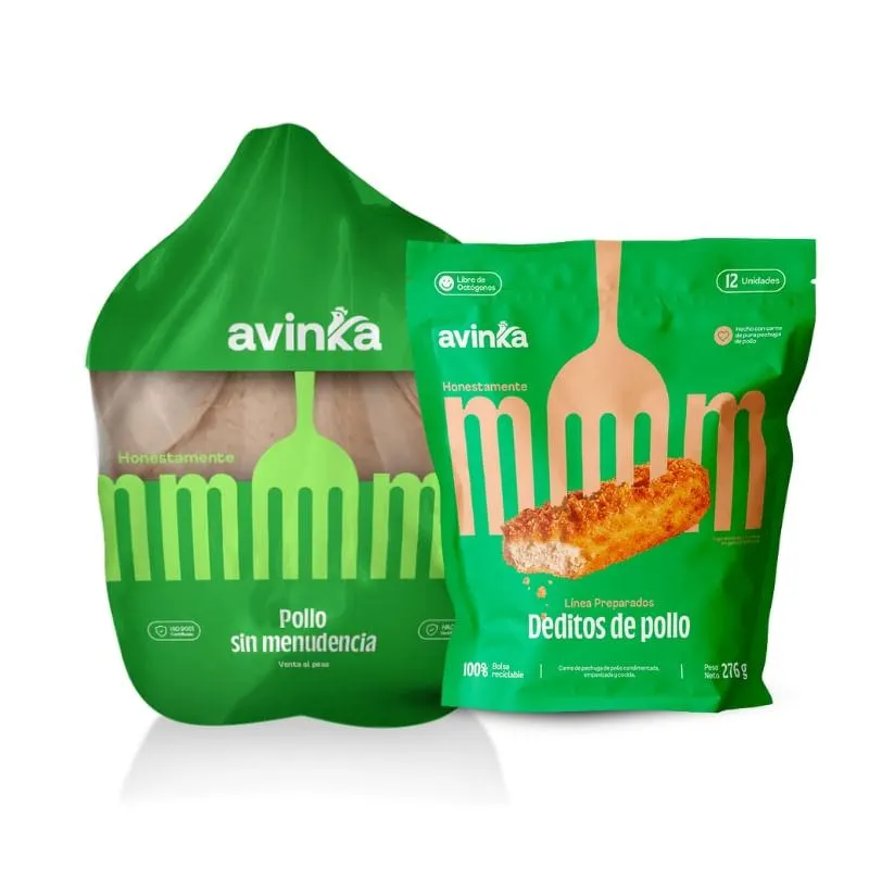 Pack Pollo entero sin menudencia Avinka Bolsa 1.8 a 1.9 kg + Deditos de pollo Avinka Doypack 276 g