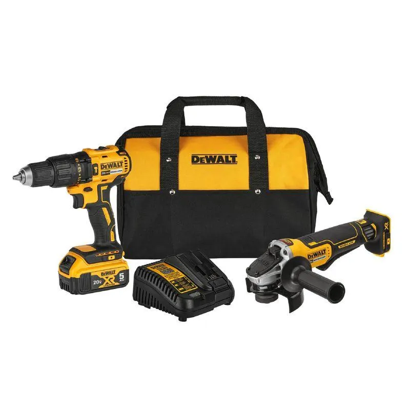 Taladro Percutor Inalambrico Dewalt 1/2" 20V BRUSHLESS + Amoladora Angular Dewalt 4-1/2" 20V BRUSHLESS + 1 Batería 5.0 Ah + 1 Cargador + Bolso Dewalt