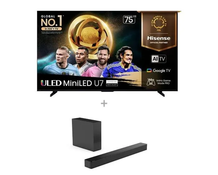 Televisor Hisense Smart TV 75" ULED MiniLED UHD 4K 75U7QG + Hisense Soundbar HS2100 2.1CH 240W