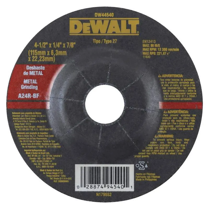 Disco Abrasivo Desbaste 4 1/2" Metal 1/4" Dewalt