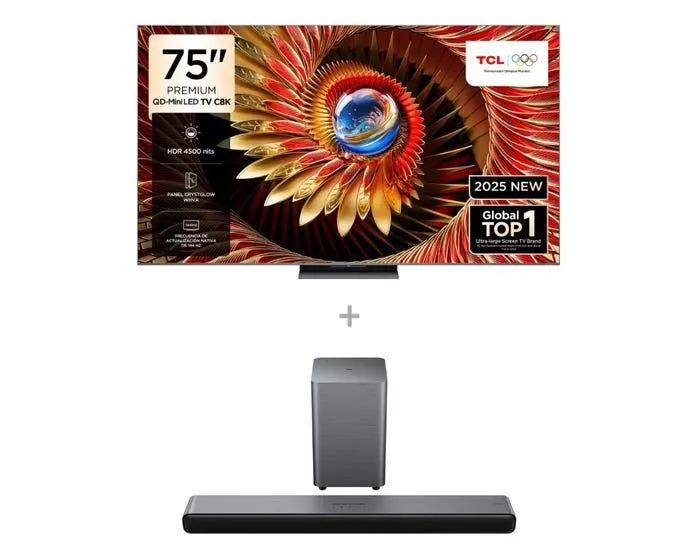 Televisor TCL Smart TV 75" QD-MINILED 4K UHD 75C8K + Soundbar C/ Subwoofer TCL - S55H