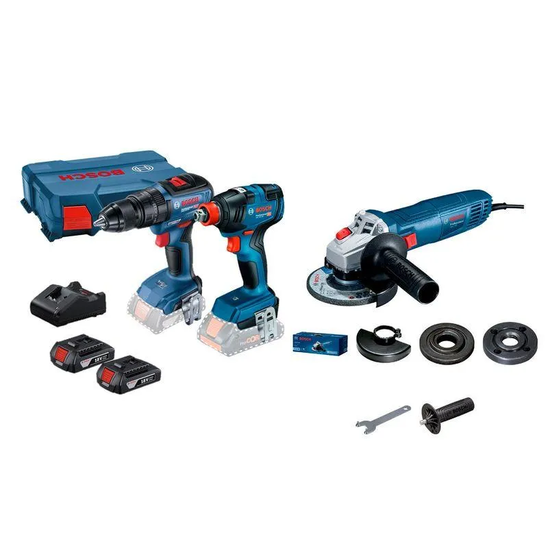 Taladro Atornillador Percutor GSB 18V-50 BRUSHLESS + Llave Impacto 18V GDX 18V-200 BRUSHLESS + 2 Baterías + 1 Cargador + 1 Maletín Bosch + Amoladora Eléctrica GWS700 4.5" 710W Bosch