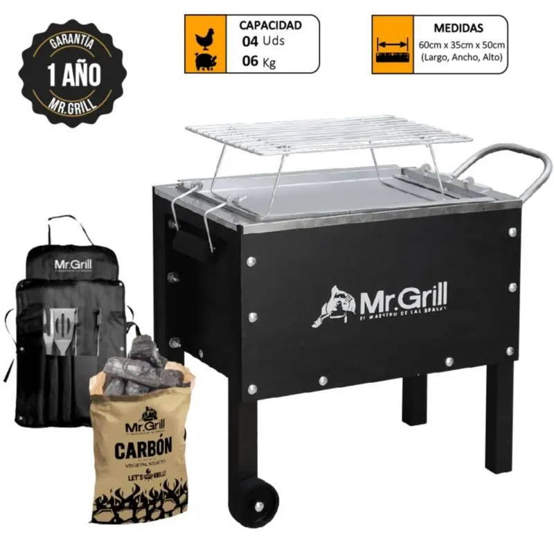 Combo Caja China a Carbón Mr Grill Mediana Junior 35x50x60cm Galvanizada + Carbón + Mandil