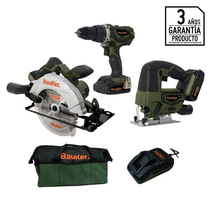 Combo Carpintero Inalámbrico Taladro percutor Bauker ½ 18V + Sierra Circular Bauker 7 ¼ 18v + Sierra Caladora Bauker 18v + Maletín + Cargador + Batería Bauker