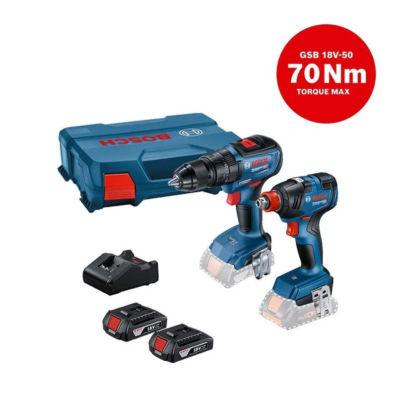 Taladro Atornillador Percutor Bosch GSB 18V-50 BRUSHLESS + Llave Impacto Bosch 18V GDX 18V-200 BRUSHLESS + 2 Baterías + 1 Cargador + 1 Maletín Bosch
