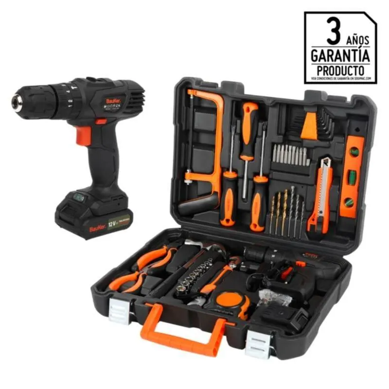 Taladro Inalámbrico Bauker 10mm 12V Bauker + Set de Herramientas Manuales 44 Piezas