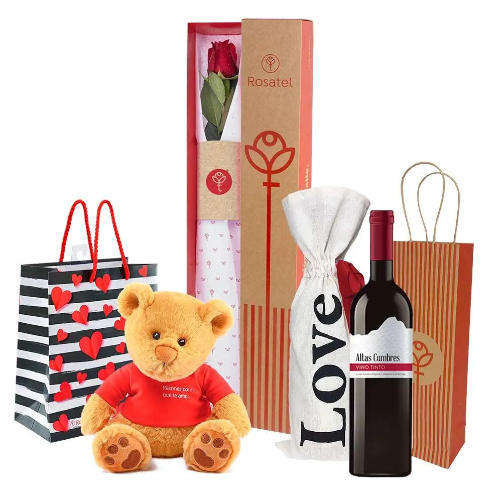 Regalos de Amor Rosa Hugo y Vino