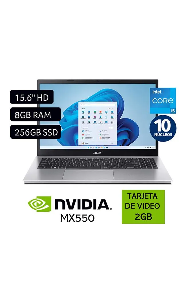 Laptop Acer Aspire 3 15.6" Windows 11 Intel Core i5 12a Gen 10 Núcleos 8GB 256GB SSD NVIDIA MX550