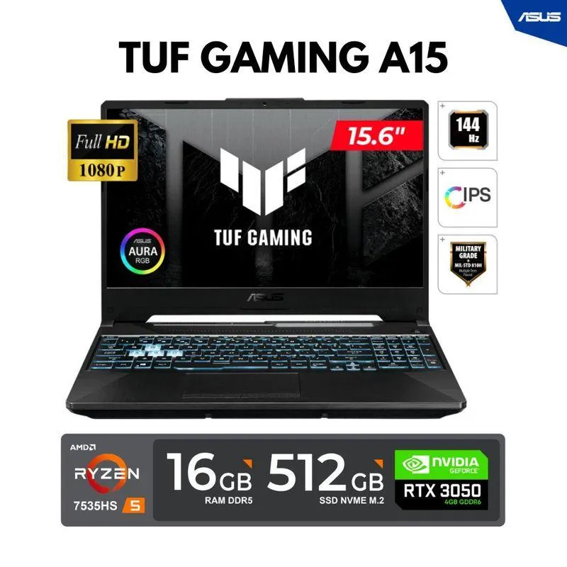 LAPTOP ASUS TUF A15 15.6"FHD IPS AMD Ryzen 5-7535HS 4.55GHz 16GB DDR5 512GB SSD RTX 3050 4GB FREEDOS