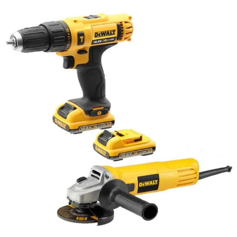 Kit de Taladro Percutor/Atornillador Inalámbrico de 3/8" (10mm) de 12V MAX + Esmeriladora Angular de 4-1/2" (115mm) 750W DEWALT