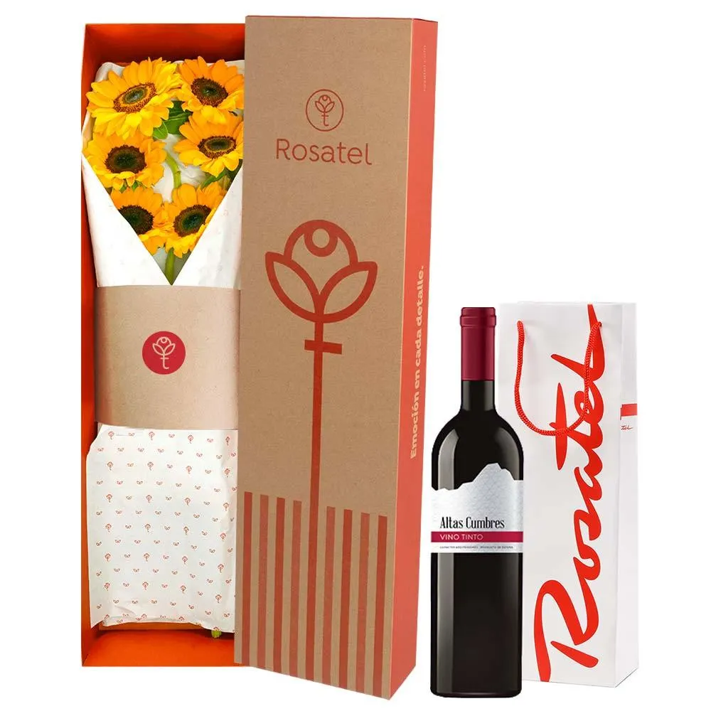 Caja con Girasoles y Vino Altas Cumbres