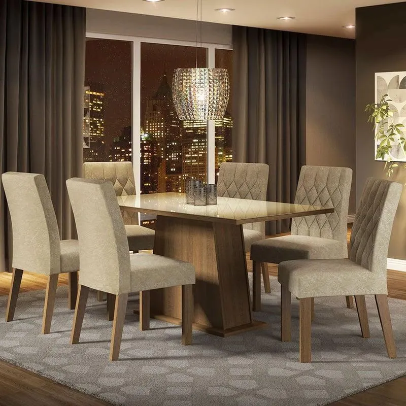 Juego de Comedor Stefani con 6 Sillas Tablero de Madera y Cristal
