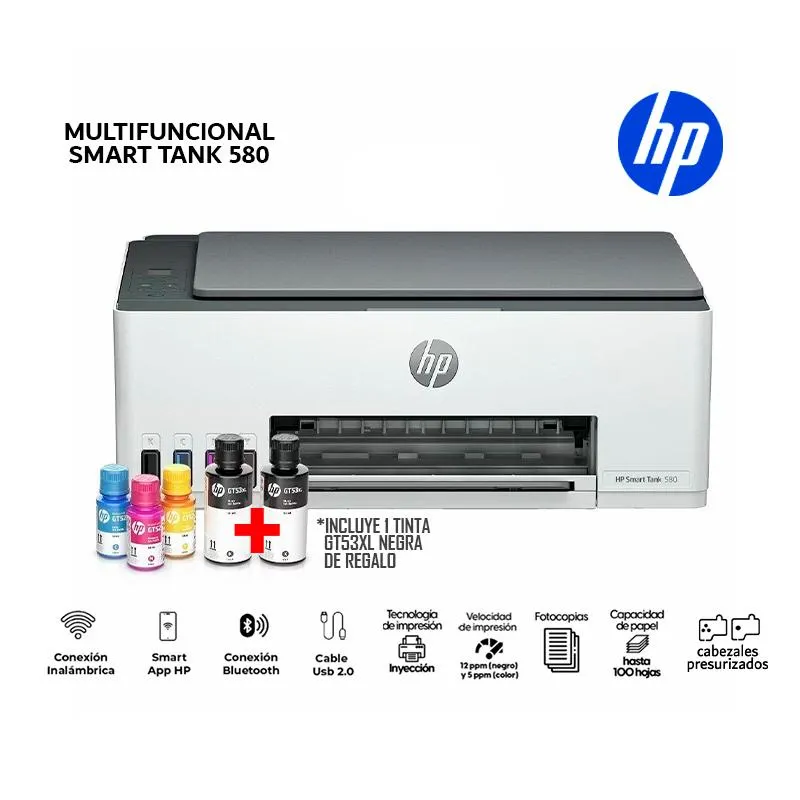 Impresora Multifuncional HP Smart Tank 580 Wifi bluetooth smart app