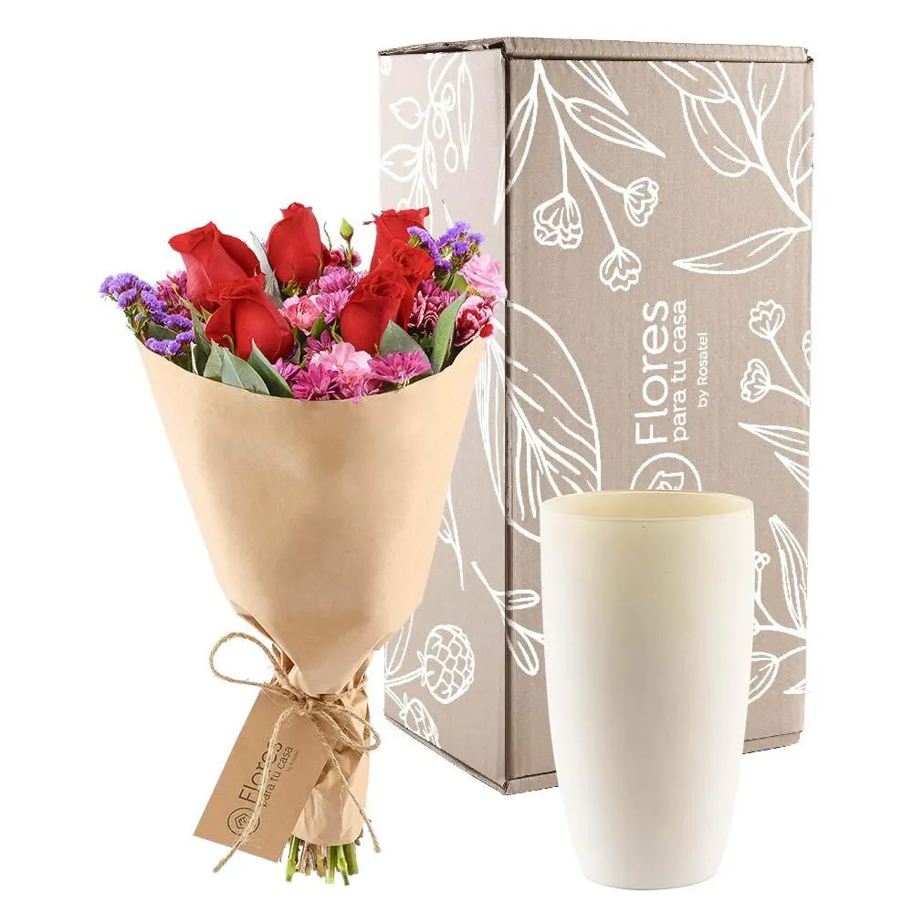 Florero con Rosas Rojas y Flores