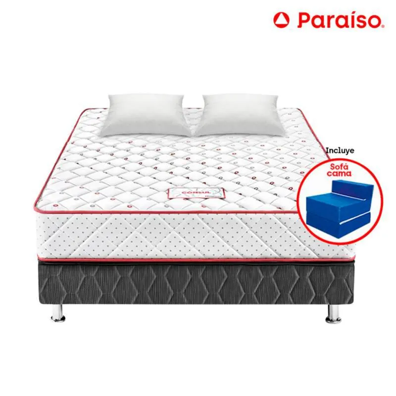 Cama Paraíso Consul 2 Plazas Gris + Colchón + 2 Almohadas + Protector + Sofá Cama