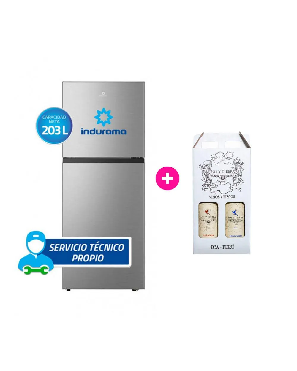 INDURAMA REFRIGERADORA RI-359 203 L + SOL Y TIERRA PACK PISCO QUEBRANTA Y ACHOLADO X 750 ML
