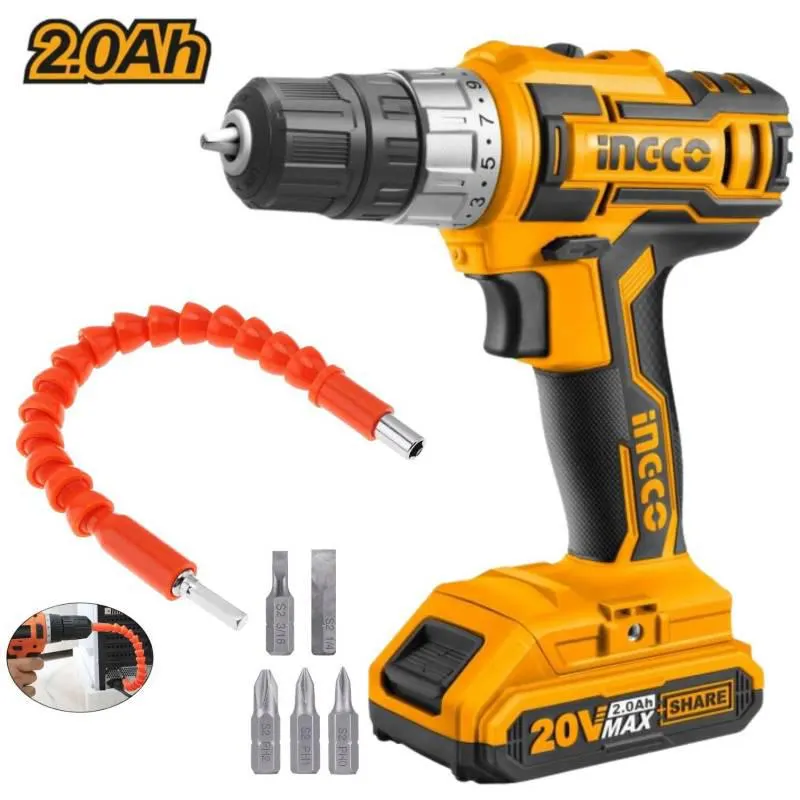 Taladro Inalambrico 20V Bateria 2Ah Ingco Puntillas y Adaptador flexible