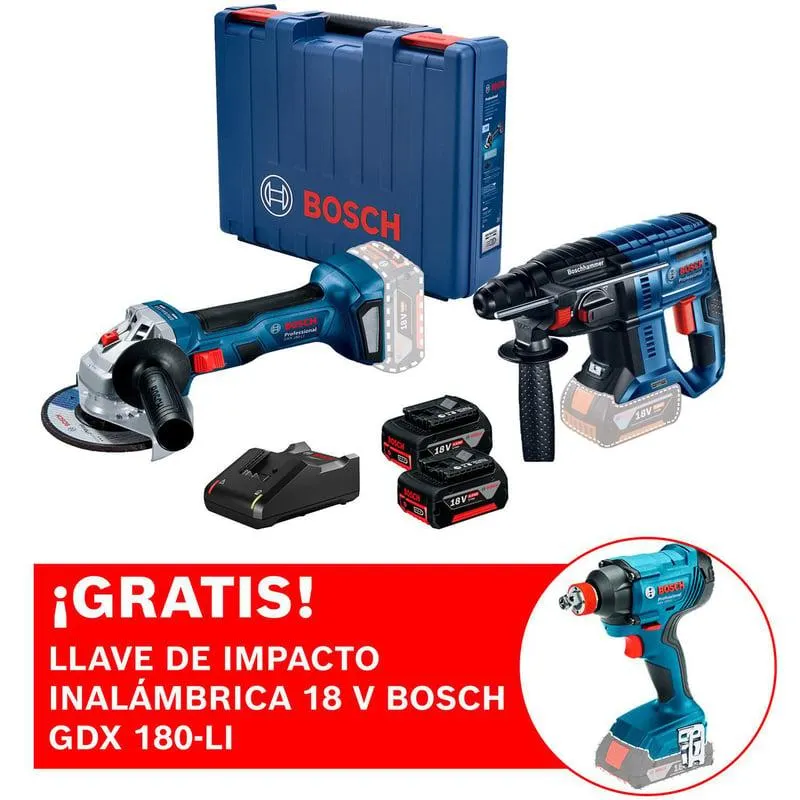 Amoladora inalámbrica 18V Bosch GWS 180-LI + Rotomartillo inalámbrico 18 V Bosch GBH 180-LI Brushless + Llave de impacto inalámbrica 18 V Bosch GDX 180-LI +2 baterías