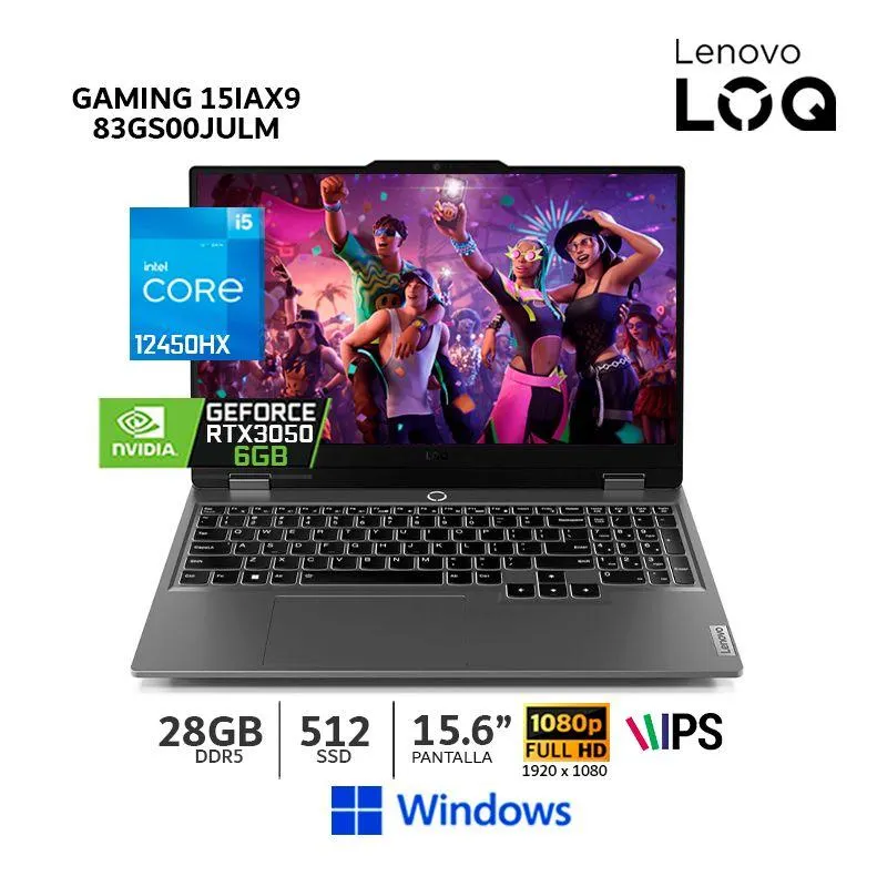 Laptop Lenovo LOQ Core I5-12450HX,15.6" FHD, 28Gb Ram, 512Gb SSD, RTX 3050 6Gb - 83GS00JULM
