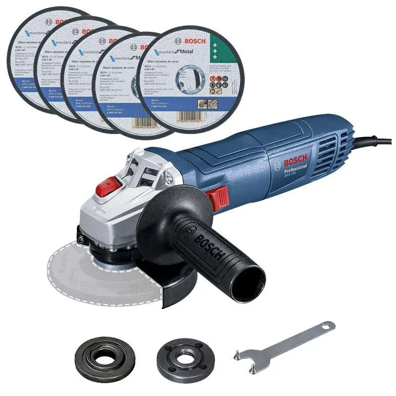 Amoladora 710W BOSCH GWS 700 + 5 Discos de Corte de Metal 115 x 1,0 mm