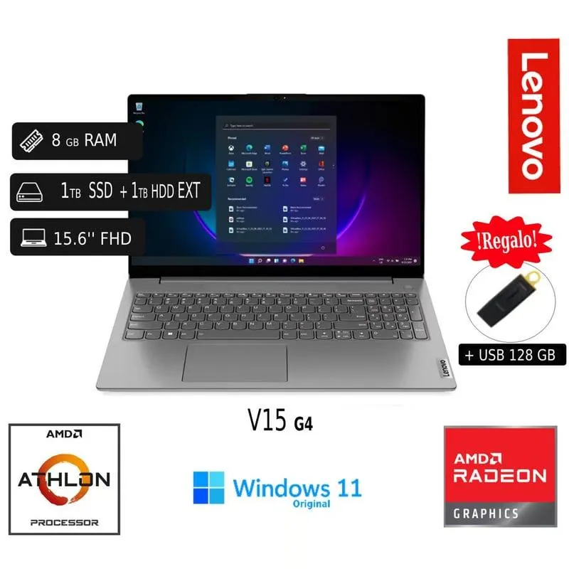 Laptop Lenovo V15 G4 AMD Athlon Silver 7120U 8GB RAM 1TB SSD 1TB HDD EXT +128GB USB Regalo