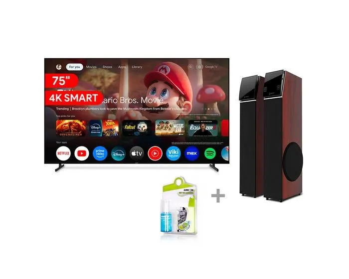 Televisor Miray Smart 75" Qled 4K MQ75-E2000GBT + Par de Parlantes Miray PTM-2081BT + Kit de Limpieza Airboom AB C5/120ml