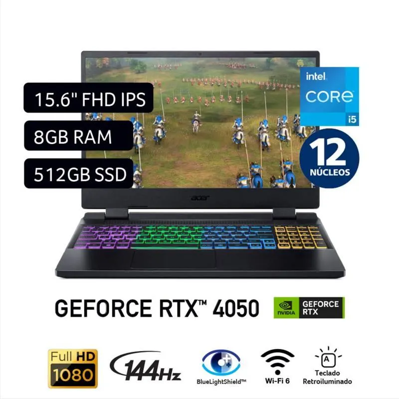 Gamer Acer Intel Core i5 RTX 4050 8GB 512GB SSD Nitro 5 12° Gen 12 núcleos 15.6"