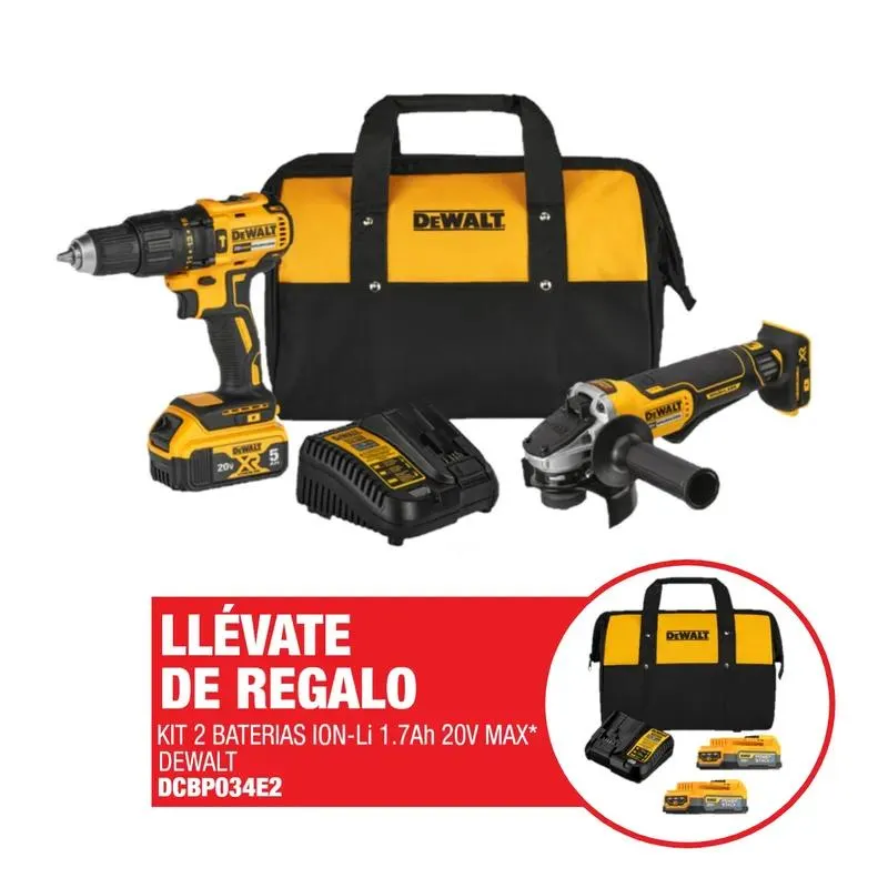 Taladro Percutor Dewalt + Esmeril AngularDewalt + 1 Batería de 20V MAX + Cargador + Regalo: Kit 2 Bat 1.7AH 20V + 1 Carg + Maletin de lona