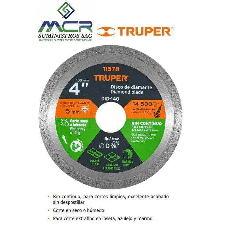 Disco de diamante para corte de 4" x 1.6 mm rin continuo 11578 Truper
