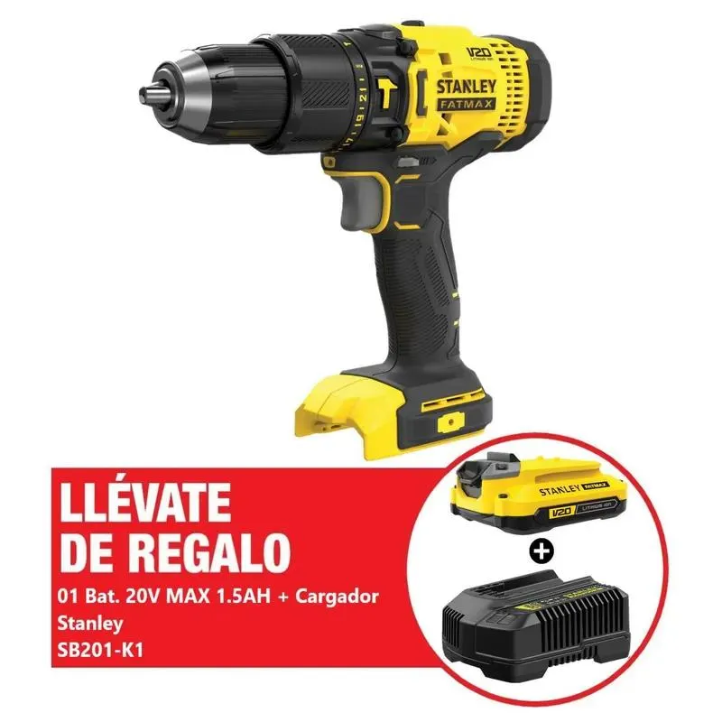 Taladro Percutor 1/2" 20V MAX + Batería 1.5AH 20V MAX + Cargador SCD711B-K3 Stanley