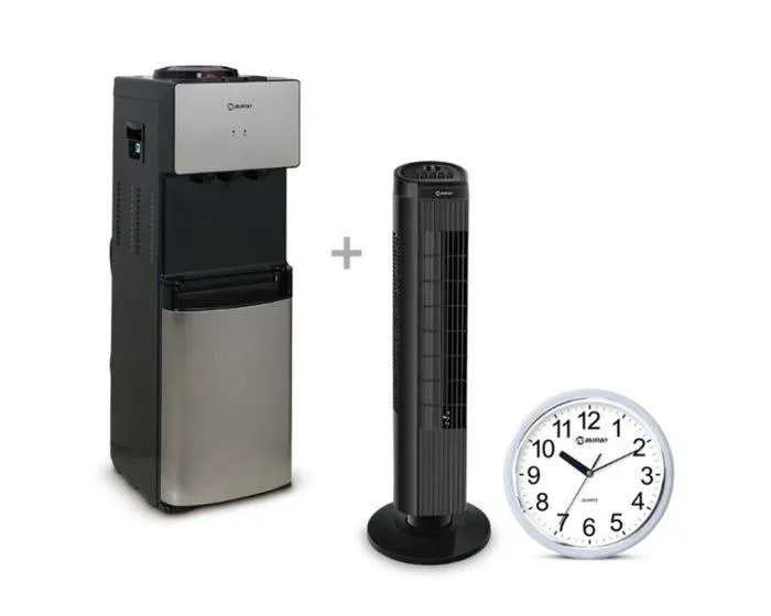 Reloj de pared Miray RMP-89P + Dispensador de Agua Miray DAM-23 + Ventilador Torre Miray 30" VMTT-833