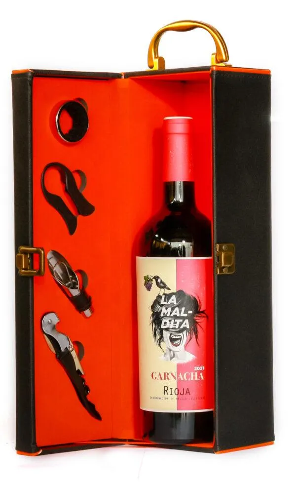 Estuche de cuero+Vino La Maldita Garnacha 750ml+Accs