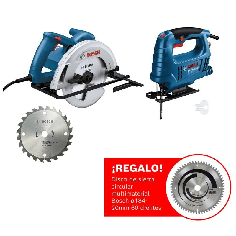 Sierra circular Bosch GKS 130 + 1 disco de corte 24 dientes + Sierra caladora Bosch GST 680-500W + 1 hoja de corte + ¡REGALO! Disco de sierra circular multimaterial Bosch ø184-20mm 60 dientes