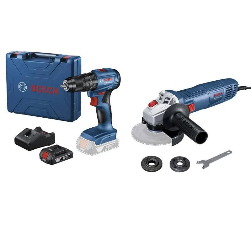 Taladro Percutor Atornillador Inalámbrico 1/2" 18V GSB 185-LI + Amoladora GWS 700 + Batería 18V GBA 2.0 Ah + Cargador GAL 18V-20 + Maletín Bosch